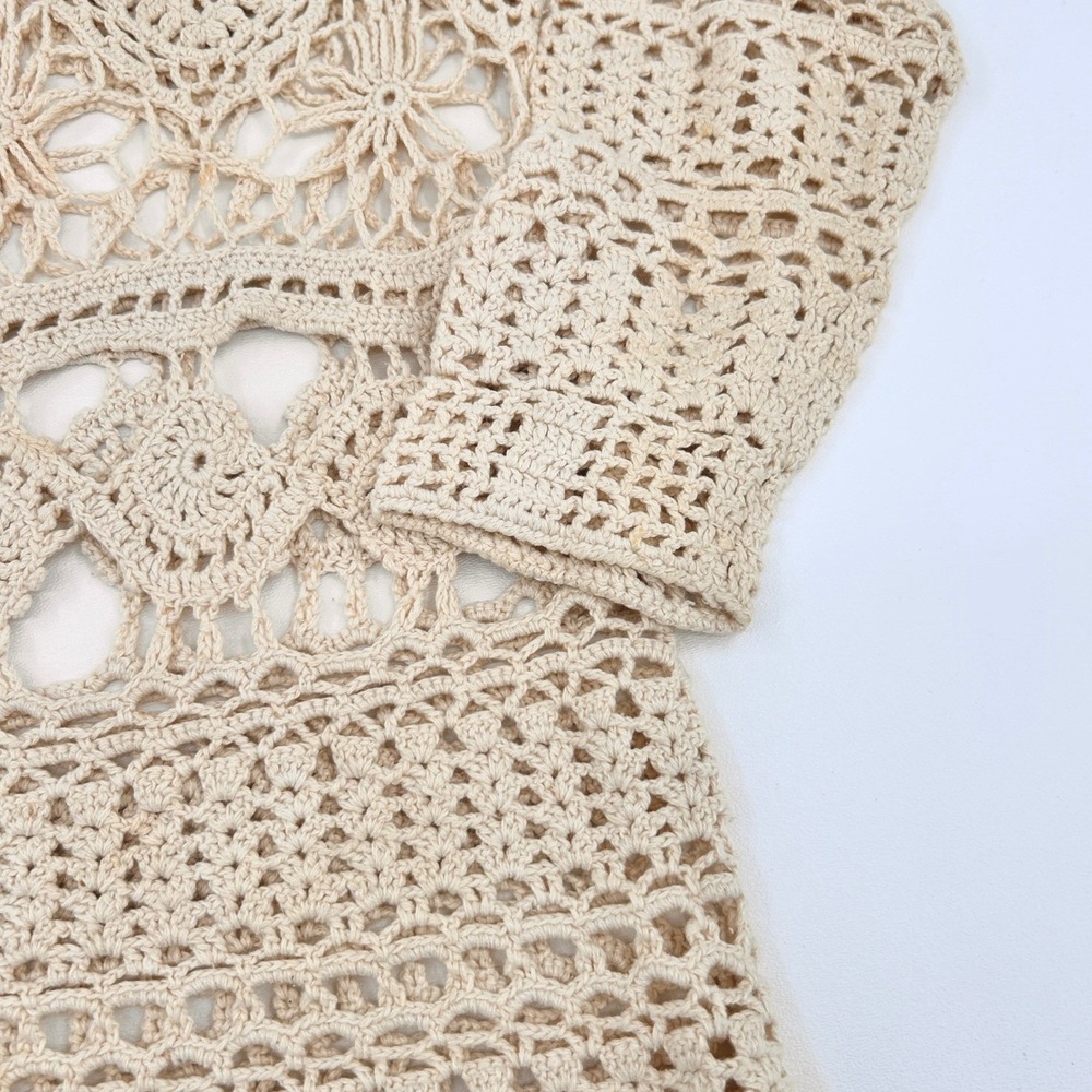Wms Vintage Crochet Lace Top M Beige Floral Boho Festival Cottagecore - Picture 4 of 8